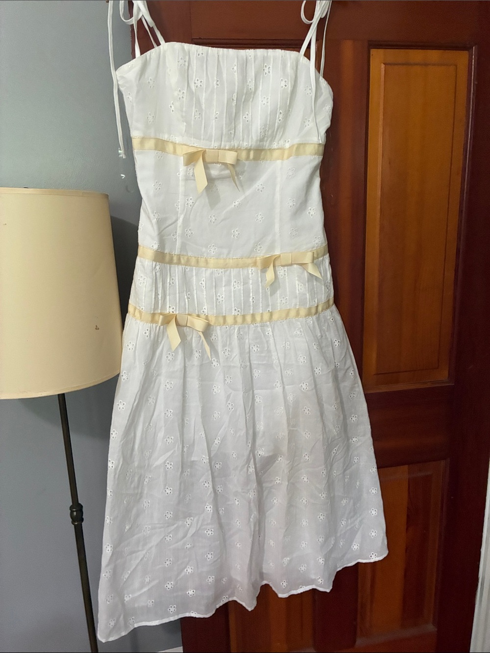 entro White Eyelet Midi Dress with Cream Ribbon Trim